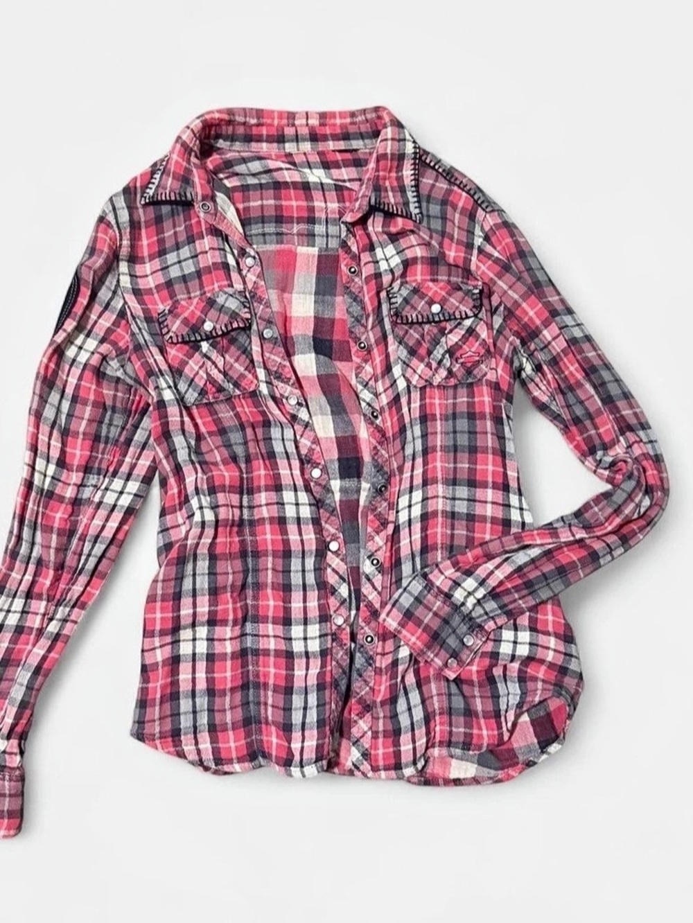Harley-Davidson Plaid Long Sleeve Button Down in Pink & Black Like New